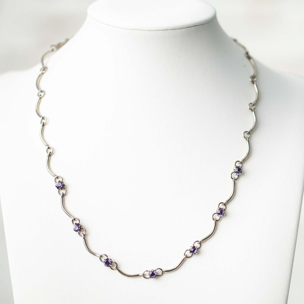 Claire's Silver Plate Curved Wave Link Necklace with Purple Rhinestones